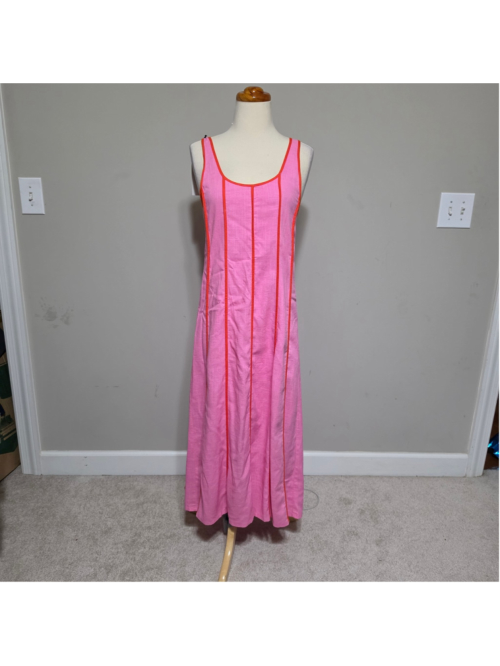 THML Womens Small Pink Orange Contrast Piping Smocked Back Midi Maxi Dress NWT